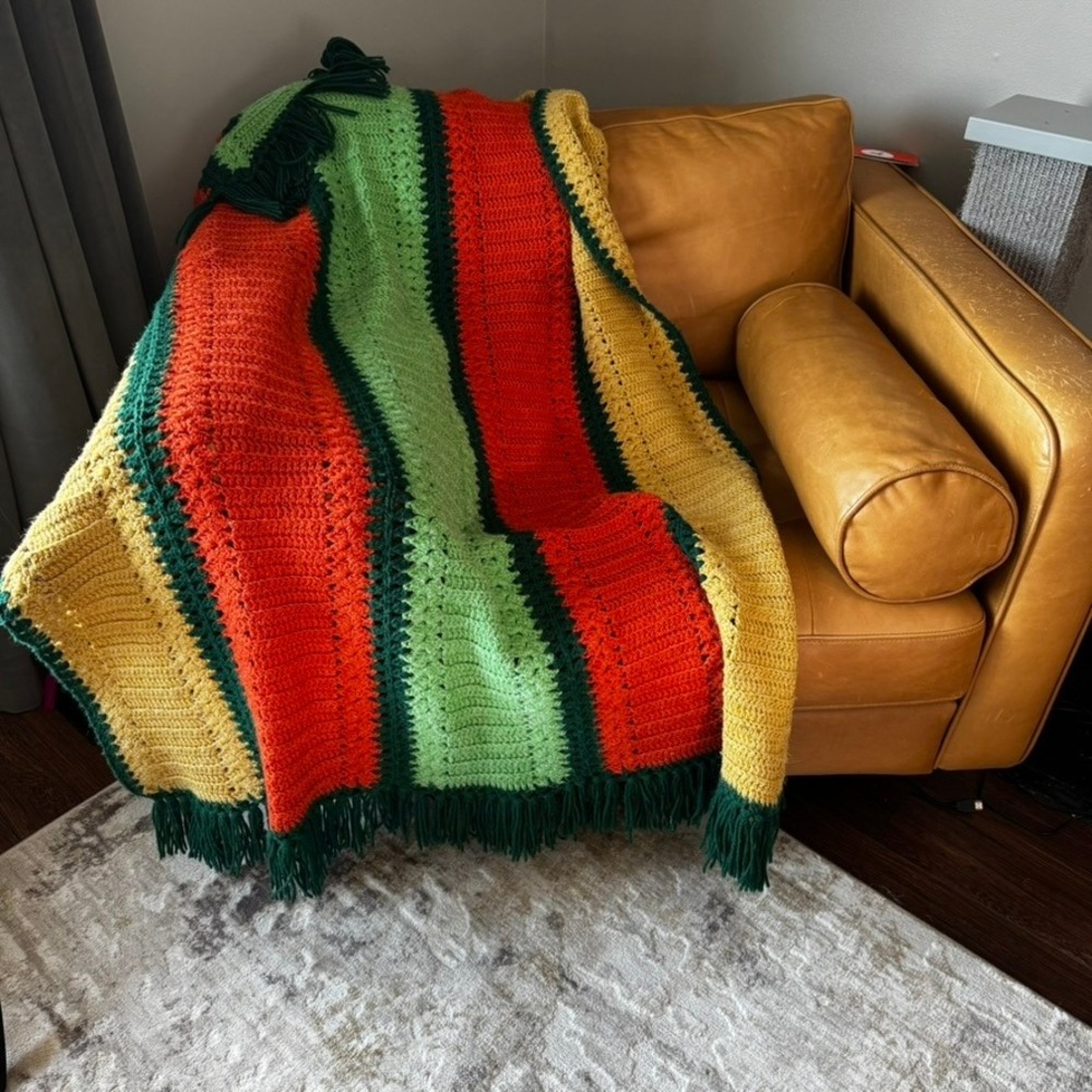 Handmade Crochet Stripe Blanket Throw Fringe Boho Vintage Red Gold Yellow